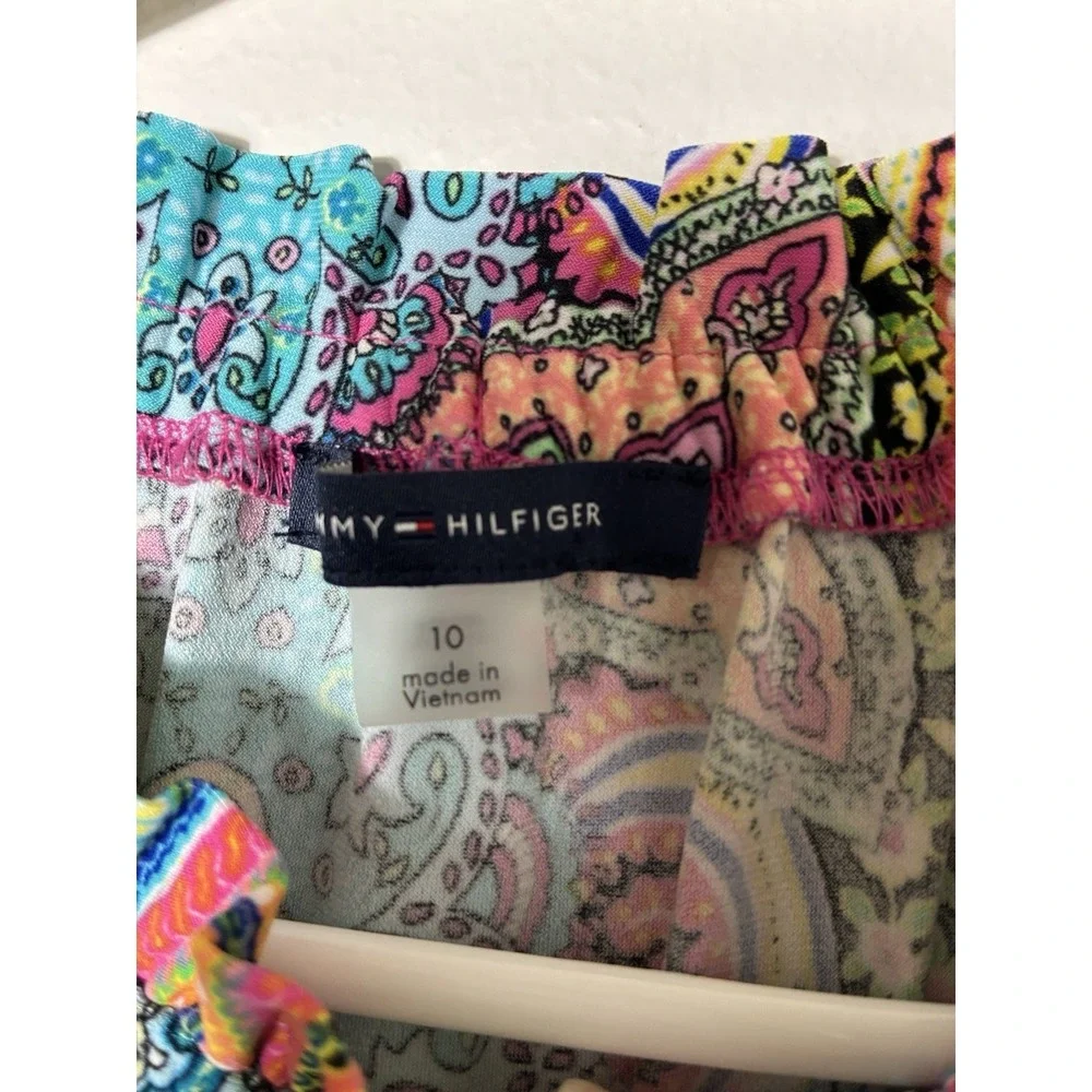 Tommy Hilfiger Paisley Print Mini Dress Sz 10 Ruffle Neckline Jersey Travel Knit